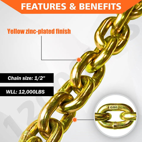 Close-up of G80 Heavy Duty Transport Binder Chain Half Inch By 20 Foot With Clevis Grab Hooks, 12,000 Lbs Safe Working Load