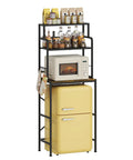 Three Tier Mini Fridge Stand With Heavy Duty Wood And Metal Platforms For Kitchen Dorm Organization with yellow fridge and microwave.