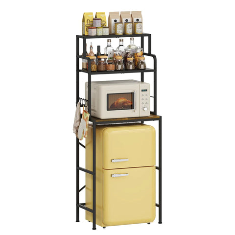 Three Tier Mini Fridge Stand With Heavy Duty Wood And Metal Platforms For Kitchen Dorm Organization with yellow fridge and microwave.