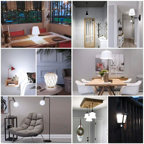 Indoor settings with various fixtures, highlighting the use of Killer Brightness 10W LED Bulbs 1000 Lumen 6000K Daylight White