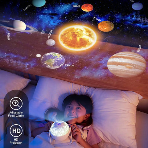 Child enjoying 7 In 1 Galaxy Star Projector For Kids Room Vibe Creator With Moon Nebula Planets And Constellations Ceiling Night Light