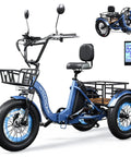 Beast Fat Tire Electric Trike For Adults With 750W Motor Peak 1350W, 52V 25Ah Removable Battery, 50 Mile Range, 7 Speed, 4 Piston Hydraulic Brakes, Cargo Rack, Blue, front view