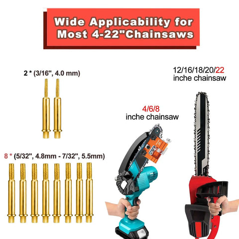 Portable Universal Chainsaw Sharpener Kit With 10 High Hardness Titanium Plated Diamond Bits For 4 To 22 Inch Chainsaws shown with chainsaw and bits.