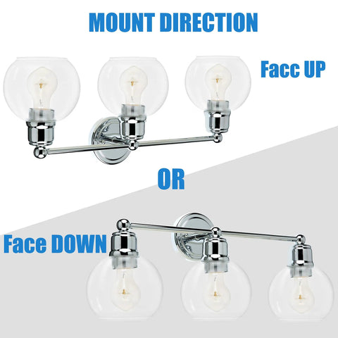 Three Light Chrome Vanity Light Fixture For Bathroom Powder Room Wall Sconce With Globe Glass Shades Modern Farmhouse Style Fits Single Or Double Vanities E26 Base Bulbs Not Included