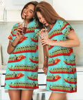 Two women wearing Dragon Boat Racing Inspired Women Sleep Shirt Nightgowns in a kitchen, enjoying drinks.