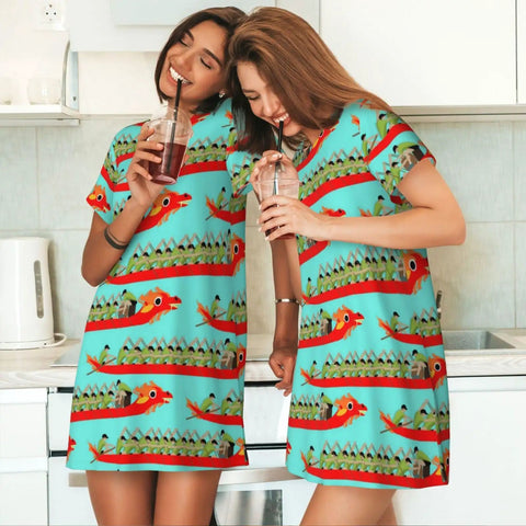 Two women wearing Dragon Boat Racing Inspired Women Sleep Shirt Nightgowns in a kitchen, enjoying drinks.