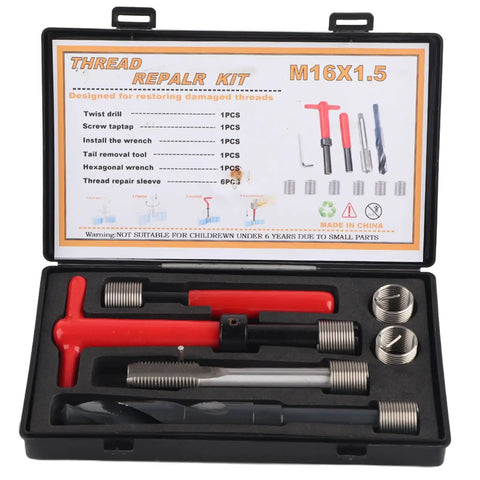 Heavy Duty Stainless Steel Thread Repair Kit With Complete Twist Insert Tools For fixing stripped bolts nuts auto parts switches And demanding Machinery Jobs To Get Back In The Saddle Fast. M16x1.5 case with inserts