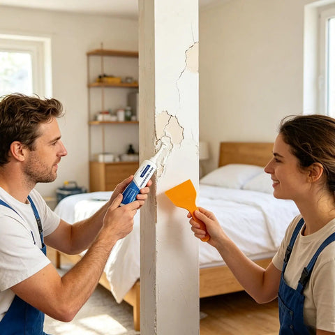Couple using Fast Dry Wall Repair Putty Kit 250g with Quick Dry Paste for holes, cracks, and dents in plasterboard with scraper.