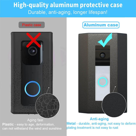 Comparison of plastic and aluminum doorbell cases. Aluminum offers durability, anti-aging, and protection for video doorbells.