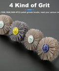 Four Piece Nylon Wheel Brush Set With 80 120 180 240 Grit, Abrasive Grinding Heads On 6mm Threaded Shanks, shown side view.