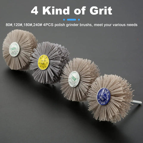 Four Piece Nylon Wheel Brush Set With 80 120 180 240 Grit, Abrasive Grinding Heads On 6mm Threaded Shanks, shown side view.