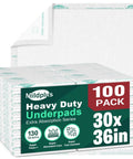Heavy Duty Disposable Bed Pads 100 Count 30x36 Inch Ultra Absorbent Cloth Backed Incontinence Underpads stacked on display.