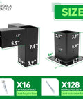 3-Way Right Angle Pergola Brackets Kit for 4x4 Posts with size dimensions and screws for outdoor patios and structures.