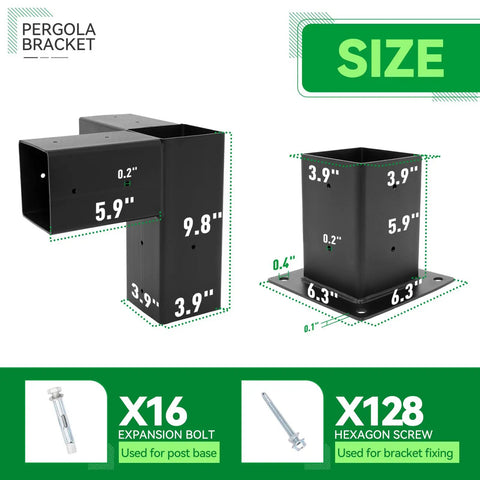 3-Way Right Angle Pergola Brackets Kit for 4x4 Posts with size dimensions and screws for outdoor patios and structures.