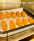 Crisping Oven Basket For Air Fryer Replacement Part Nonstick Stainless Steel Crisper Tray For French Fries And Frozen Foods 13 By 11 By 3.3 Inches Easy Cleanup And Even Crispy Results with chicken pieces in the tray.