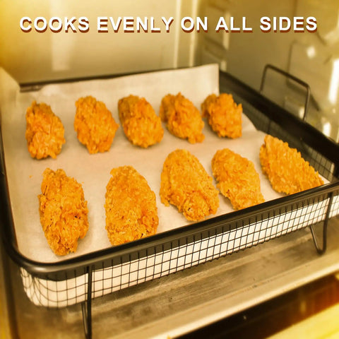 Crisping Oven Basket For Air Fryer Replacement Part Nonstick Stainless Steel Crisper Tray For French Fries And Frozen Foods 13 By 11 By 3.3 Inches Easy Cleanup And Even Crispy Results with chicken pieces in the tray.