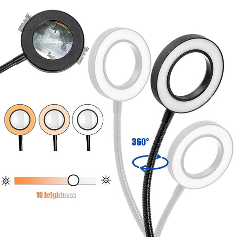 Helping Hands Soldering Clamp Station With 6X LED Magnifying Lamp detail showing brightness settings and adjustable necks.