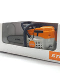 Battery Operated Chainsaw Keyring With Realistic Sound Effects, orange mini tool charm in branded box, side view