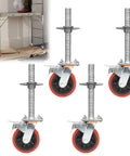 4 Pack 6 Inch Leveling Scaffolding Wheels With 360 Degree Rotating Casters And Dual Locks, Heavy Duty Scaffold Leveling Jacks, Height Adjustable Up To 9.06 Inches, 1.2 Inch OD Scaffold Screw With Brake