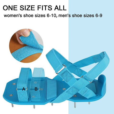 Fully Assembled Lawn Aerator Shoes With Adjustable Velcro Straps for easy soil aeration, shown in blue with steel spikes.