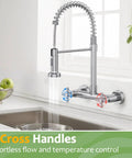 Rock Solid Wall Mount Kitchen Faucet With Smooth Dual Handles And No Fuss Two Function Spray For Laundry Or Commercial Sinks Built Tough From Lead Free Brushed Nickel Stainless Steel, shown in a modern kitchen with two cross handles.