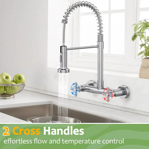 Rock Solid Wall Mount Kitchen Faucet With Smooth Dual Handles And No Fuss Two Function Spray For Laundry Or Commercial Sinks Built Tough From Lead Free Brushed Nickel Stainless Steel, shown in a modern kitchen with two cross handles.