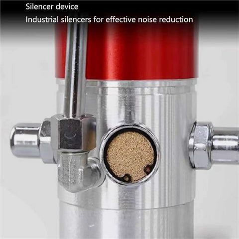 Close-up of heavy duty air operated grease pump silencer device for effective noise reduction, featuring a metallic finish.