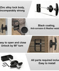 Heavy Duty Shed Door Lock Latch With T Handle For Barn Playhouse Coops And Shed Doors Five And A Half Inch Carbon Steel Black Includes Two Keys Durable Door Hardware Replacement shown with zinc alloy lock body and installation parts.
