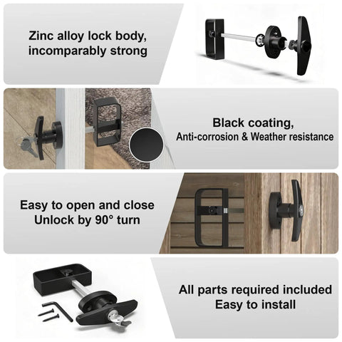 Heavy Duty Shed Door Lock Latch With T Handle For Barn Playhouse Coops And Shed Doors Five And A Half Inch Carbon Steel Black Includes Two Keys Durable Door Hardware Replacement shown with zinc alloy lock body and installation parts.