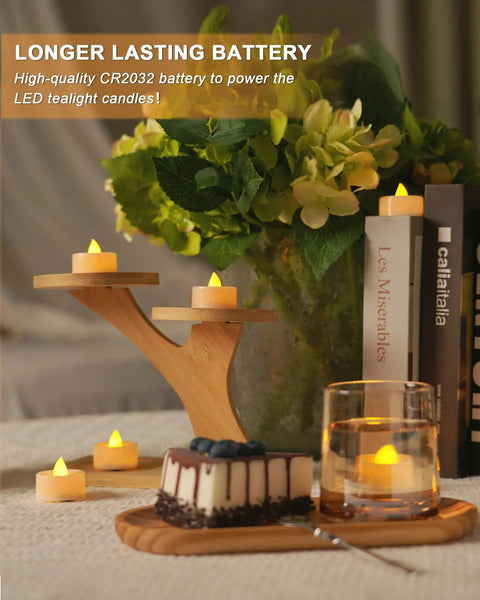 Flameless Tea Lights With 6 Hour Timer 24 Hour Auto Cycle Battery Operated LED Candles Pack Of 12 on wooden stand with cake and flowers