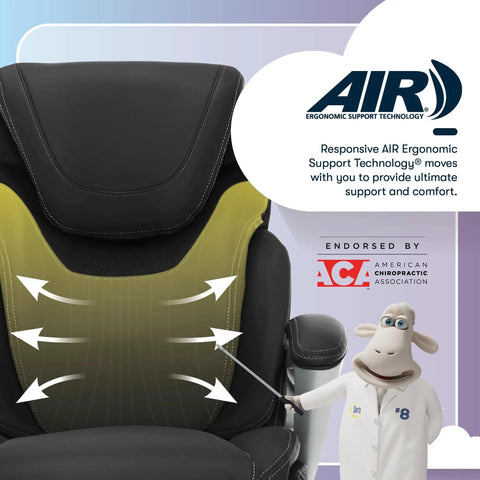 Ergonomic Office Chair With Dynamic Lumbar Support showing AIR technology, endorsed by American Chiropractic Association