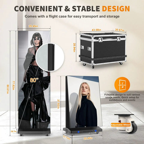 80 Inch Foldable Led Display Featuring Seamless Splicing P1.86 Pixel Pitch Digital Signage Totem with flight case for transport and storage.