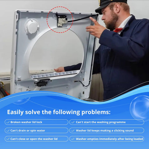 Heavy Duty Beefed Up Washer Lid Lock Switch Assembly Durable Replacement Kit Fits Top And Front Load Washers, installed in washer cabinet.