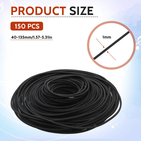 150 Pcs Cassette Player Belts For Easy Repair And Maintenance Rubber Drive Belts 1 Mm Wide 40 To 135 Mm Size Range Fits CD VCR DVD LD Repeater Drives And Other Cassette Decks Durable One Pack Supply, black rubber belts