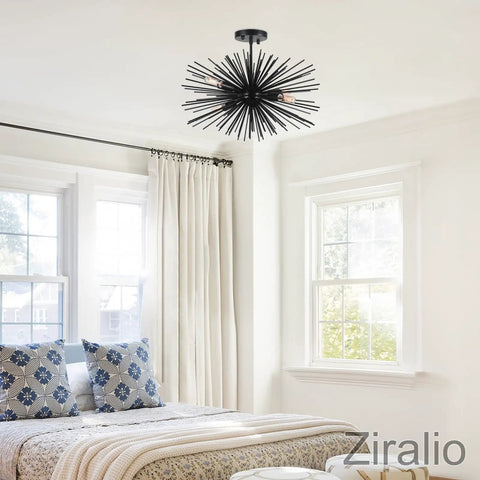 Black 20 Inch Sputnik Ceiling Light Fixture Over Table Four Lights Starburst Chandelier Modern Solid Metal Semi Flush Mount