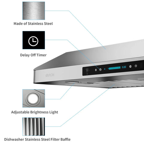 42 Inch Under Cabinet Range Hood With 900 CFM Dual Motors, Four Speed Gesture Sensing And Touch Control, stainless steel details