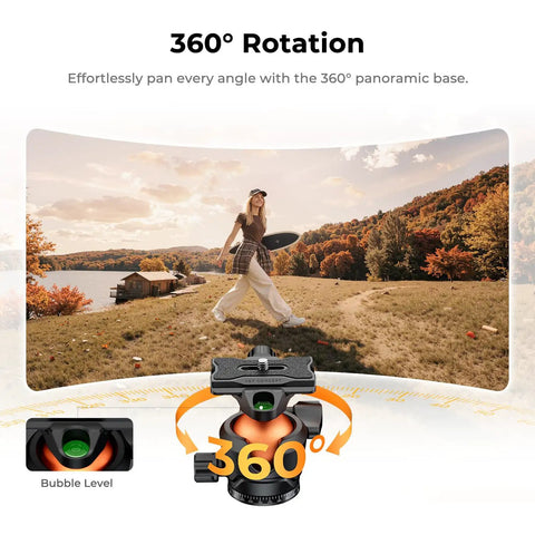 Lightweight Travel Tripod For Camera And Phone, 63 Inch Aluminum With Arca Ball Head showcasing 360-degree rotation with scenery.