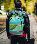 Man wearing Coral Reef Sea Turtle Print Unisex Backpack Large Capacity Durable Polyester Daypack on forest path