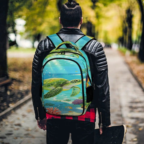 Man wearing Coral Reef Sea Turtle Print Unisex Backpack Large Capacity Durable Polyester Daypack on forest path