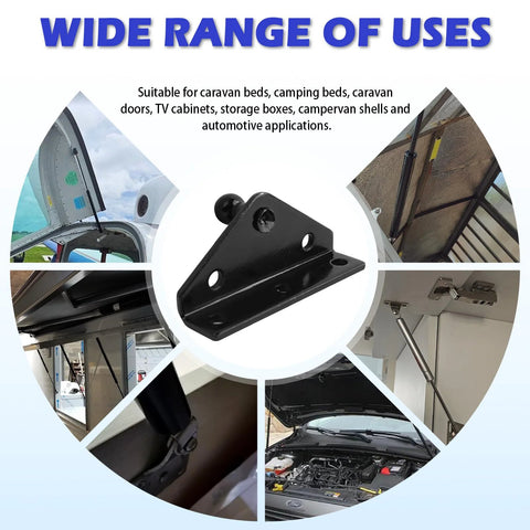 Close-up of black metal gas-strut mounting bracket with 10mm ball stud; automotive part, set of 4