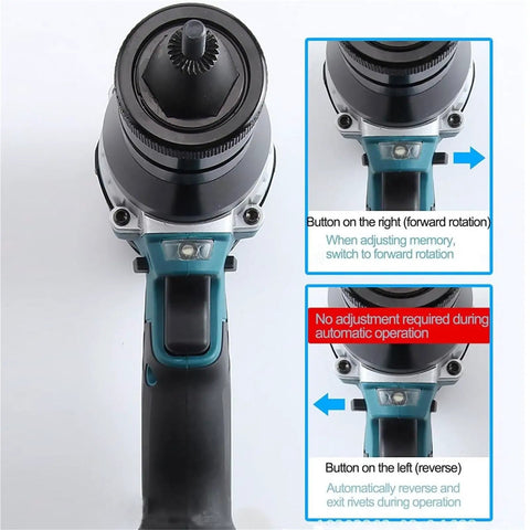 Top view of Pro Level Cordless Electric Rivet Nut Gun And Heavy Duty Battery Powered Automatic Riveter Toolkit With 26V Pack controls.