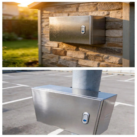 IP55 Weatherproof Junction Box Enclosure For Outdoor Electrical Cables All Weather Tough As Nails 24 In High 8 In Wide 30 In Long With Removable Mounting Plate Stainless Steel Cabinet Dust Seal And Water Drainage For PV Network And Industrial Use mounted outdoors