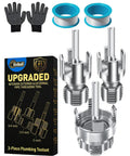4 In 1 Water Pipe Threader Kit For One Half Inch, Three Quarter Inch, And One Inch Pipes, Carbon Steel Construction, Three Piece Set With Internal And External Threading Dies, Corrugated Tool For Plastic Pipes And Garden Hose, showing gloves and tape.