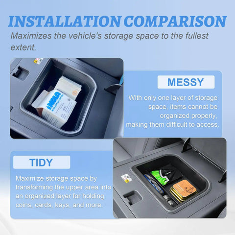 Cool Box Center Console Organizer Tray for Toyota Land Cruiser Prado 250 and Lexus GX550 2024-2026 models, messy vs. tidy comparison