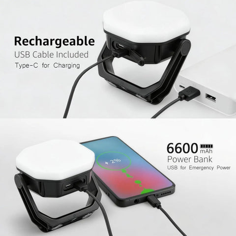 Go To Rechargeable Solar Camping Lantern with 6600mAh battery, USB cable charging, and power bank feature shown.