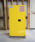 Heavy Duty 60 Gallon Flammable Safety Cabinet With Automatic Door, yellow, secure for combustible liquid storage, OSHA compliant.