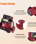 115V 1/6HP Water Circulator Pump With Rock Solid Cast Iron Housing showing sealed design, smooth switch, and compact size.