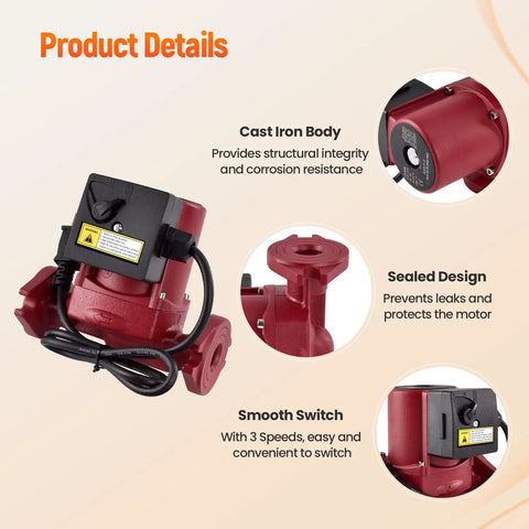 115V 1/6HP Water Circulator Pump With Rock Solid Cast Iron Housing showing sealed design, smooth switch, and compact size.