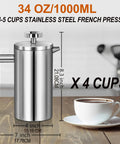 Super Thick French Press Coffee Maker Double Wall Insulated Stainless Steel 34 oz with measurements and coffee cup beside it.