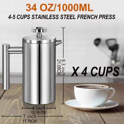 Super Thick French Press Coffee Maker Double Wall Insulated Stainless Steel 34 oz with measurements and coffee cup beside it.